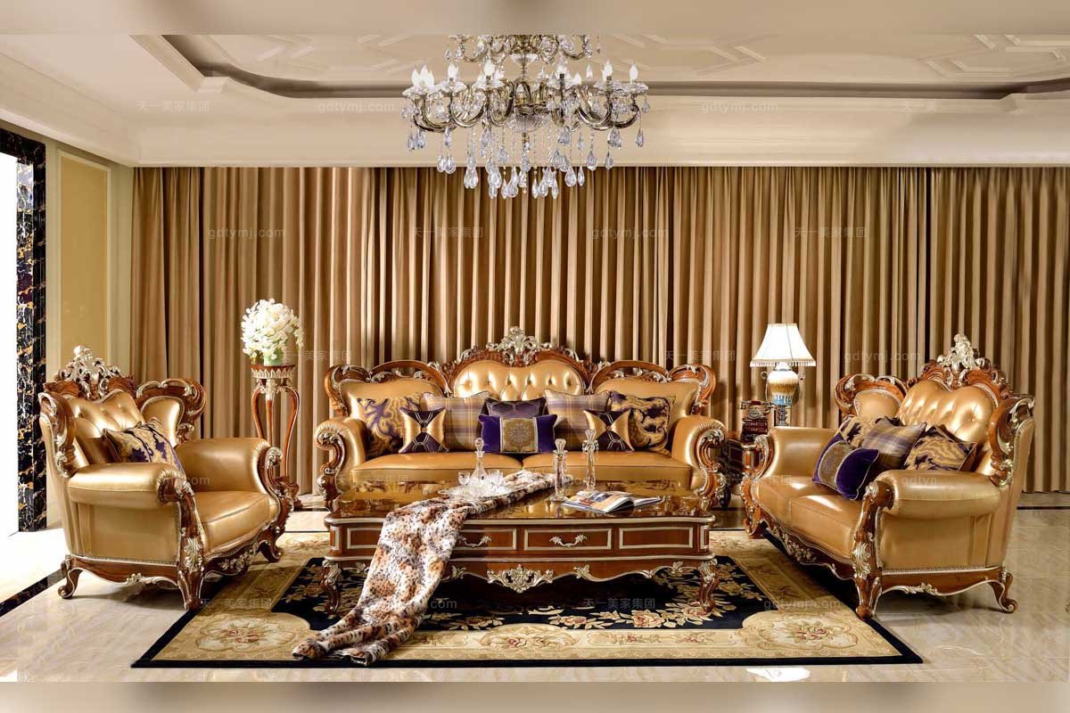 高端五星级酒店家具法式实木雕花黄色真皮沙发