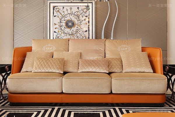 高端后现代轻奢客厅家具橙色皮桃木纹饰板真皮沙发组合三位沙发