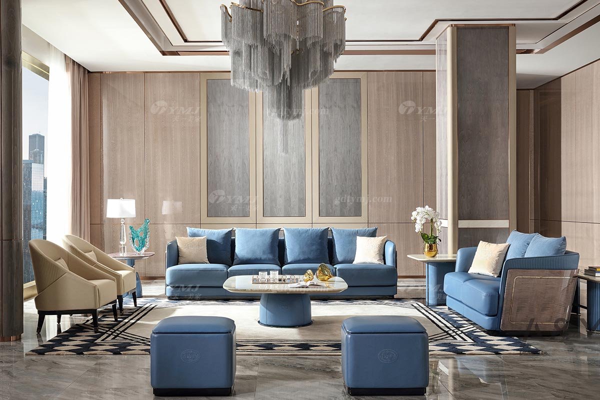 轻奢后现代风格家具高端会所别墅品牌家具时尚客厅蓝色皮艺二位沙发CX930-2两位沙发场景
