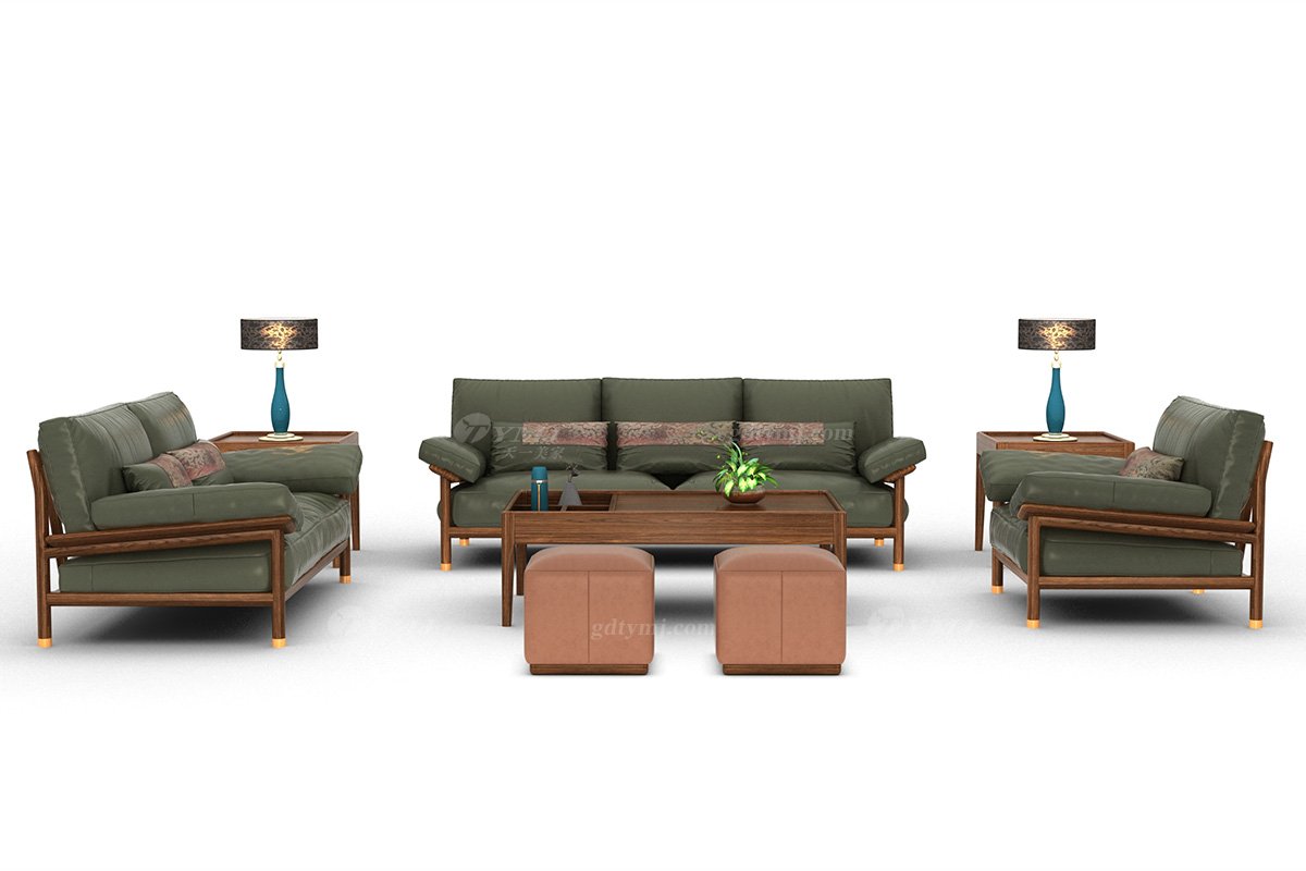 新中式高端别墅家具品牌简约风格客厅时尚墨绿色生态皮艺三位沙发H-XJSF-3三位沙发场景